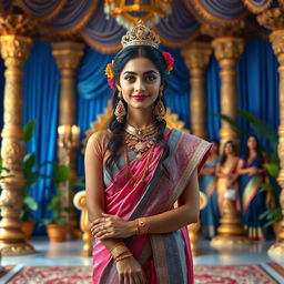 A high-resolution wide shot of a very beautiful Indian queen exuding elegance and grace, framed with her legs up, standing near a royal throne