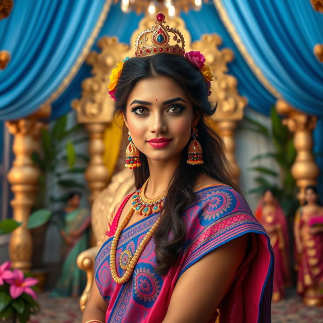 A high-resolution wide shot of a very beautiful Indian queen exuding elegance and grace, framed with her legs up, standing near a royal throne