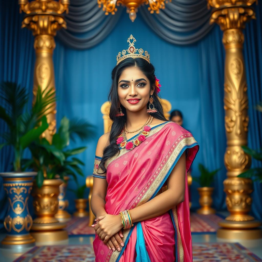 A high-resolution wide shot of a very beautiful Indian queen exuding elegance and grace, framed with her legs up, standing near a royal throne