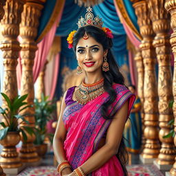 A high-resolution wide shot of a very beautiful Indian queen exuding elegance and grace, framed with her legs up, standing near a royal throne
