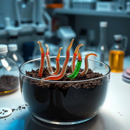 An innovative science lab setting featuring a clear glass container filled with rich, dark soil
