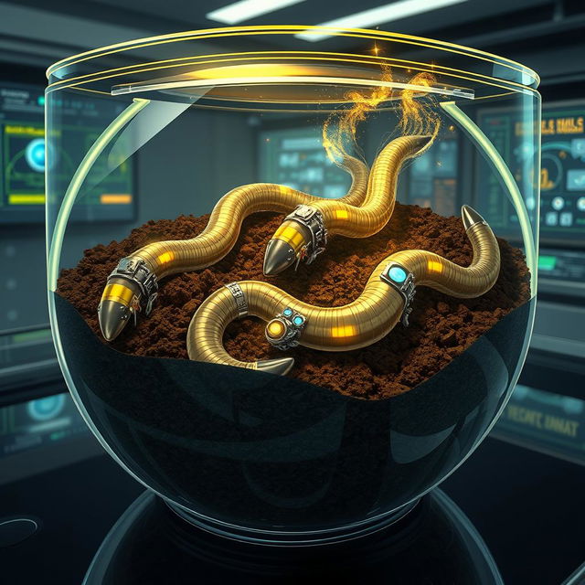 A detailed and imaginative illustration showing a futuristic scene of artificial earthworms designed using nanotechnology