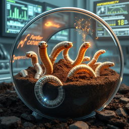 A detailed and imaginative illustration showing a futuristic scene of artificial earthworms designed using nanotechnology