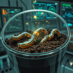 A detailed and imaginative illustration showing a futuristic scene of artificial earthworms designed using nanotechnology