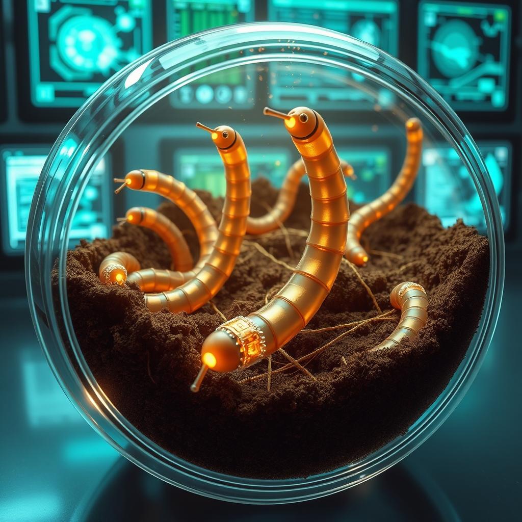 A detailed and imaginative illustration showing a futuristic scene of artificial earthworms designed using nanotechnology