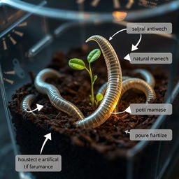 A futuristic scene showcasing artificial earthworms made from advanced nanotechnology