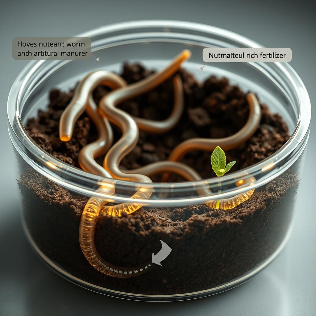 A futuristic scene showcasing artificial earthworms made from advanced nanotechnology