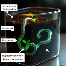 A futuristic scene showcasing artificial earthworms made from advanced nanotechnology