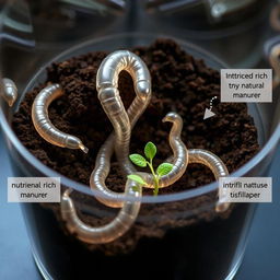 A futuristic scene showcasing artificial earthworms made from advanced nanotechnology