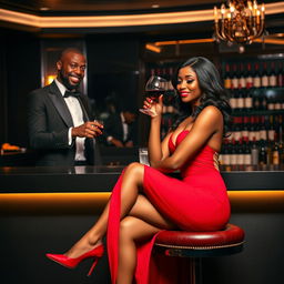 A beautiful black woman wearing a stunning red dress and high heels sits elegantly at a bar