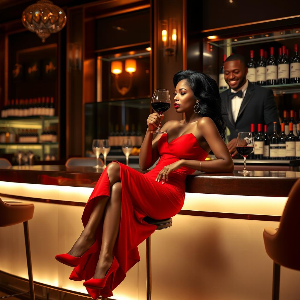 A beautiful black woman wearing a stunning red dress and high heels sits elegantly at a bar