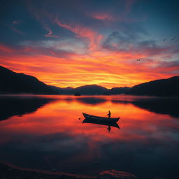 A stunning landscape of a vibrant sunset over a serene lake surrounded by lush green mountains