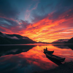 A stunning landscape of a vibrant sunset over a serene lake surrounded by lush green mountains