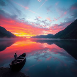A stunning landscape of a vibrant sunset over a serene lake surrounded by lush green mountains