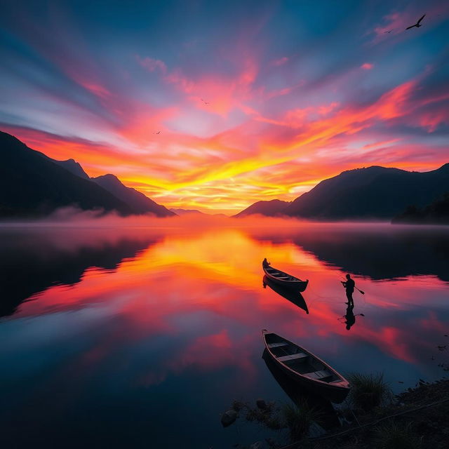 A stunning landscape of a vibrant sunset over a serene lake surrounded by lush green mountains