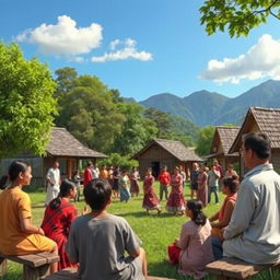 A picturesque scene depicting a village meeting taking place in phi, with villagers gathered in a lush green area surrounded by traditional houses