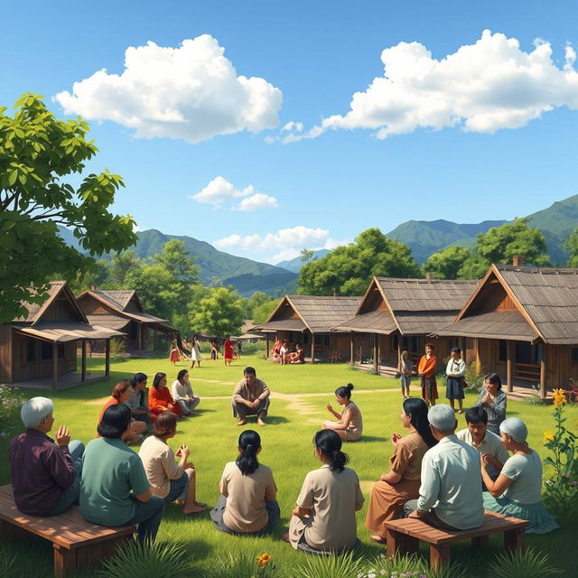 A picturesque scene depicting a village meeting taking place in phi, with villagers gathered in a lush green area surrounded by traditional houses