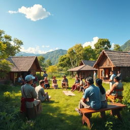 A picturesque scene depicting a village meeting taking place in phi, with villagers gathered in a lush green area surrounded by traditional houses