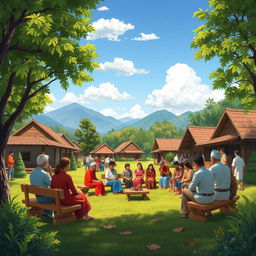 A picturesque scene depicting a village meeting taking place in phi, with villagers gathered in a lush green area surrounded by traditional houses