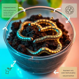 A high-tech, visually striking scene depicting artificial earthworms created with cutting-edge nanotechnology