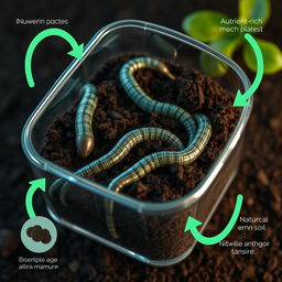 A high-tech, visually striking scene depicting artificial earthworms created with cutting-edge nanotechnology