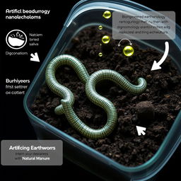 A high-tech, visually striking scene depicting artificial earthworms created with cutting-edge nanotechnology