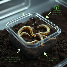 A high-tech, visually striking scene depicting artificial earthworms created with cutting-edge nanotechnology