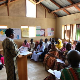 A village meeting taking place in a community center, where a health officer is addressing a group of attentive villagers