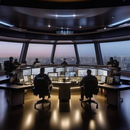 A well-lit glass penthouse office designed as a SWAT control room with five officers at screens on an arc-shaped console, and another officer at a detached desk with a screen, incorporating architectural details from the provided link.