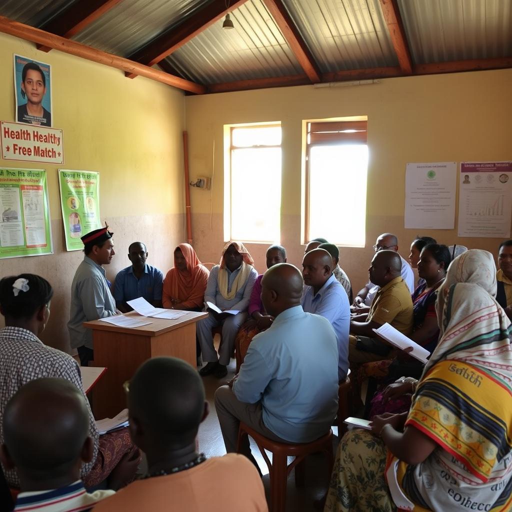 A village meeting taking place in a community center, where a health officer is addressing a group of attentive villagers