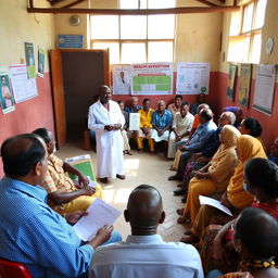 A village meeting taking place in a community center, where a health officer is addressing a group of attentive villagers