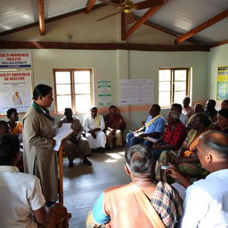 A village meeting taking place in a community center, where a health officer is addressing a group of attentive villagers