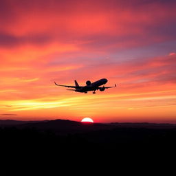 A stunning sunset view with a majestic airplane flying gracefully in the background