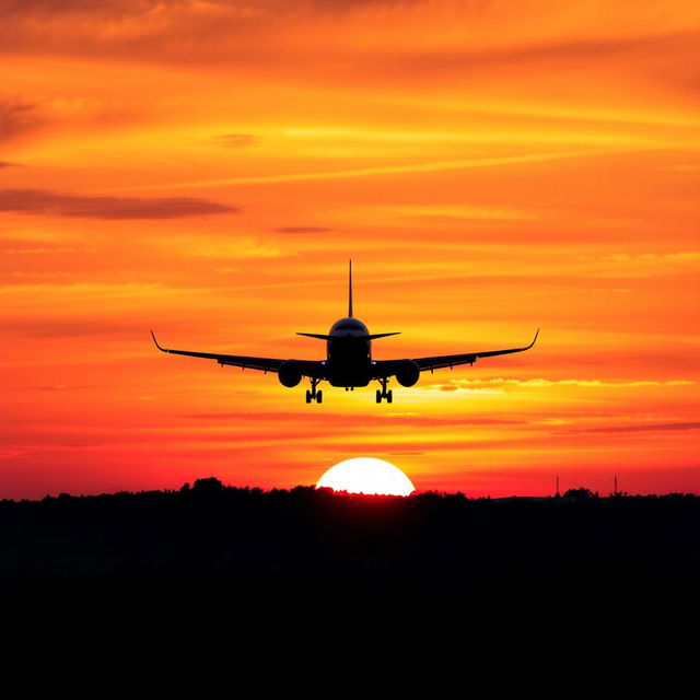 A stunning sunset view with a majestic airplane flying gracefully in the background