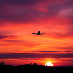 A stunning sunset view with a majestic airplane flying gracefully in the background