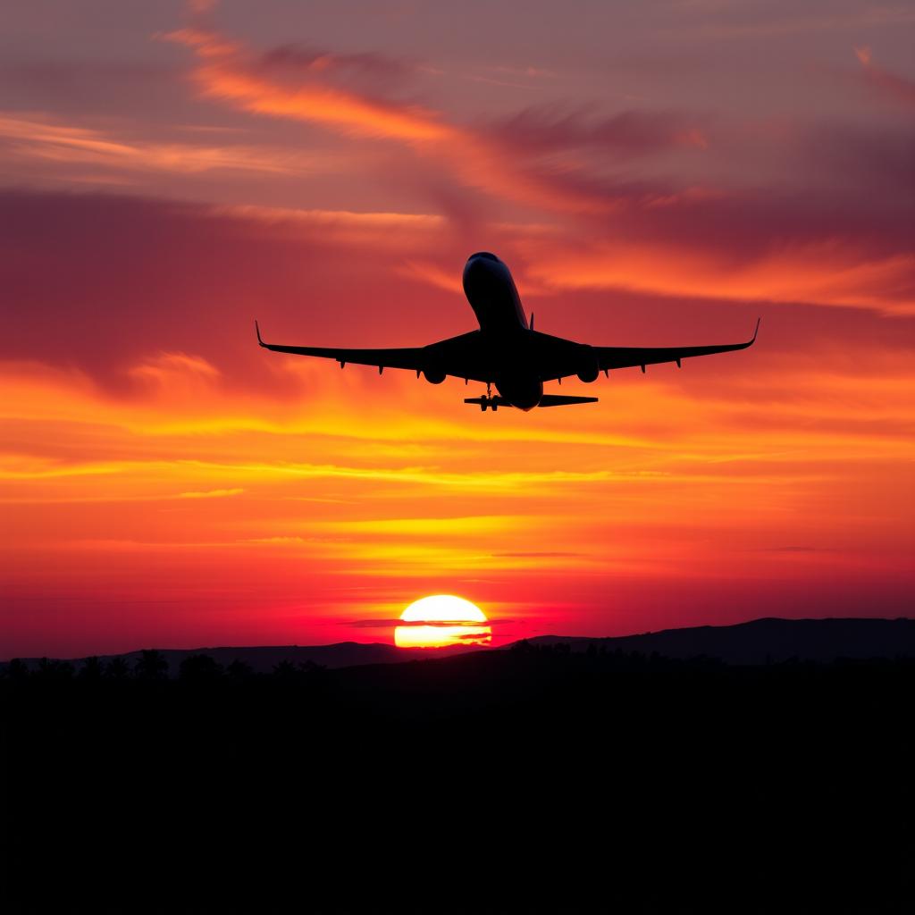 A stunning sunset view with a majestic airplane flying gracefully in the background