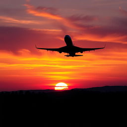 A stunning sunset view with a majestic airplane flying gracefully in the background