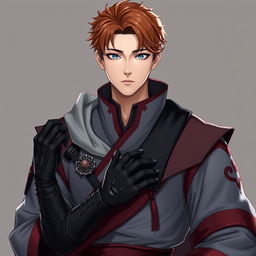 A handsome Korean man with short orange-brown hair featuring wavy ends and sharp blue eyes that convey a charismatic impression