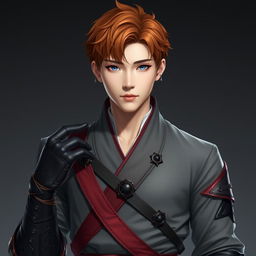 A handsome Korean man with short orange-brown hair featuring wavy ends and sharp blue eyes that convey a charismatic impression