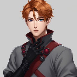 A handsome Korean man with short orange-brown hair featuring wavy ends and sharp blue eyes that convey a charismatic impression