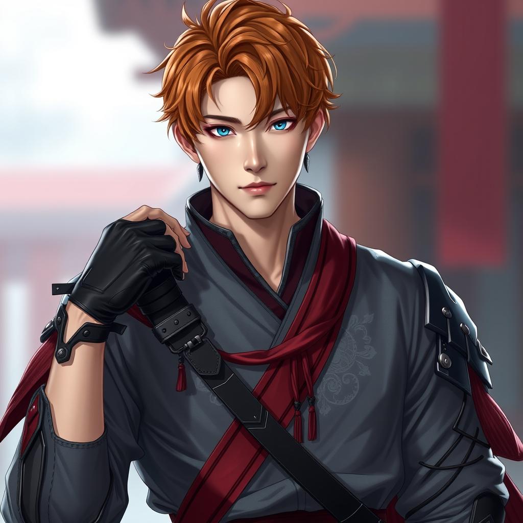 A handsome Korean man with short orange-brown hair featuring wavy ends and sharp blue eyes that convey a charismatic impression