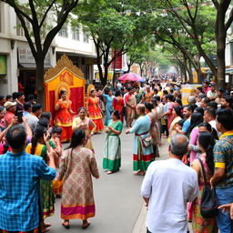 A vibrant street drama performance happening on a bustling urban street