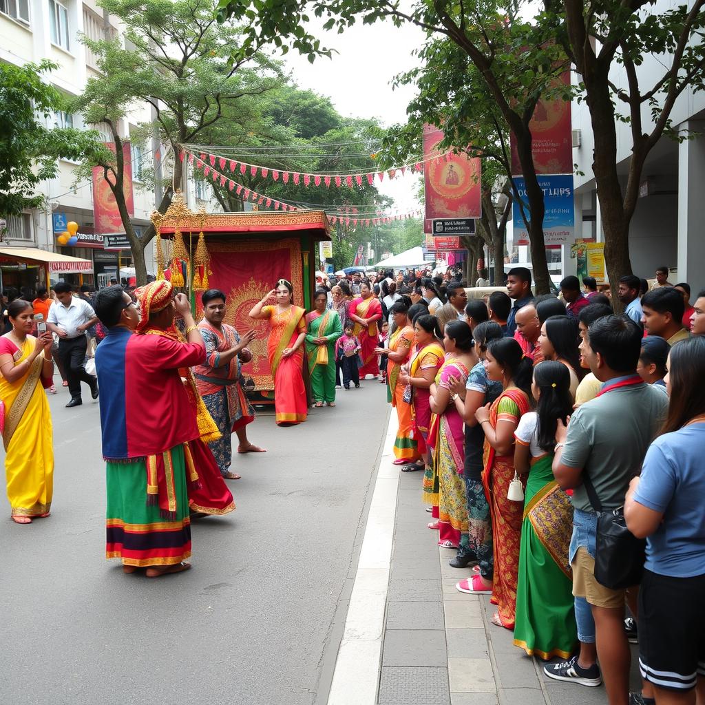 A vibrant street drama performance happening on a bustling urban street