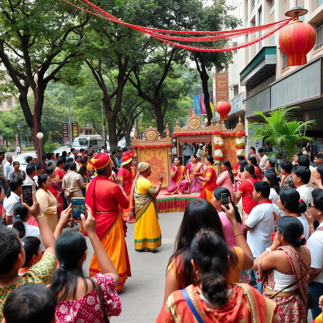 A vibrant street drama performance happening on a bustling urban street