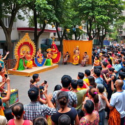 A vibrant street drama performance happening on a bustling urban street