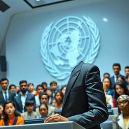A futuristic scene depicting a confident individual giving a conference at the United Nations
