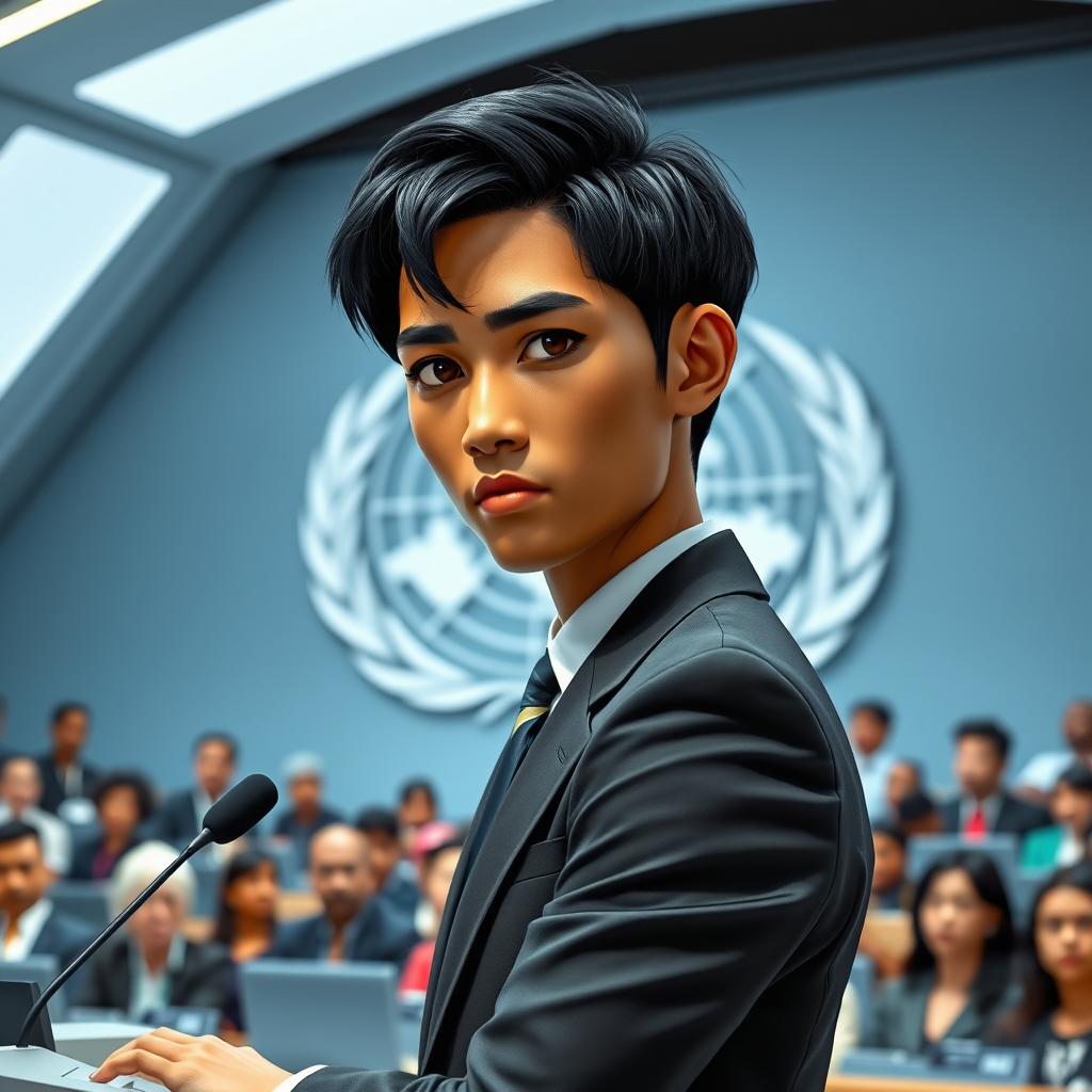 A futuristic scene depicting a confident individual giving a conference at the United Nations