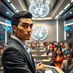 A futuristic scene depicting a confident individual giving a conference at the United Nations