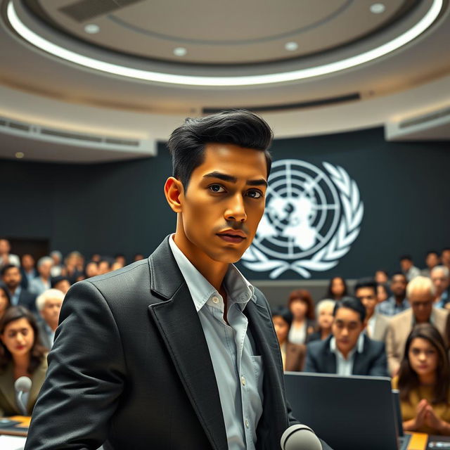 A futuristic scene depicting a confident individual giving a conference at the United Nations