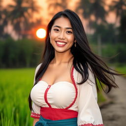 A beautiful Malaysian woman, showcasing her large, round breast, dressed in a traditional farmer's outfit